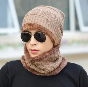 K105 Fashion Winter Hat Scarf Warm Men Knit Cap Men Caps Warm Fur Fleece Hat Set