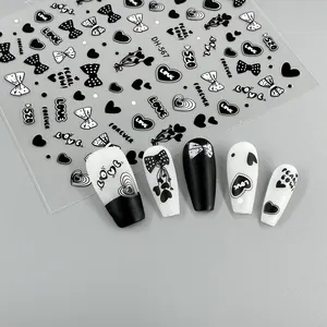 Black and White Bow Tie Rose Flower English Letter 3D Flatness Nail Art Stickers Decals For Nail Beauty