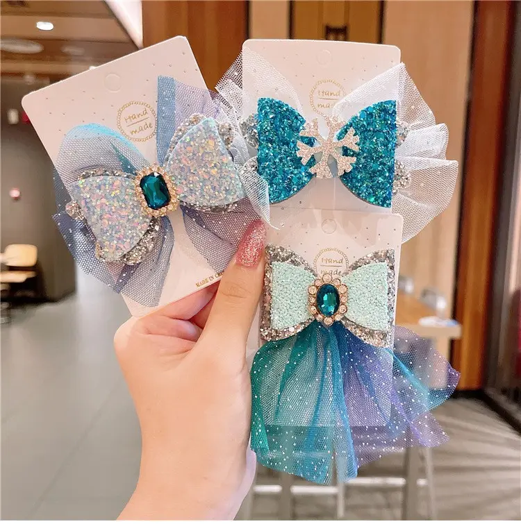 AOQI özel yeni stil prenses taç saç tokası mavi file şeridi firkete tül yay kristal kızlar Children çocuklar için
