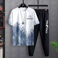 Setelan T-shirt dan celana panjang musim panas, setelan kaus lengan pendek kasual motif celana baru