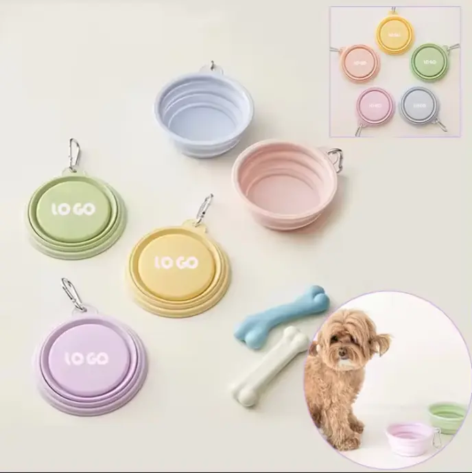 Macaron Color Collapsible Portable Foldable Suspendable Buckle Silicone Pet Cat Food and Water Drinking Dog Bowl