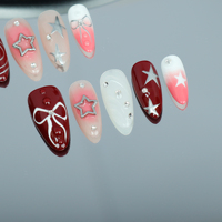 Uñas artificiales hechas a mano, forma de uñas de almendra, pajarita pintada a mano, estilo fresco de verano, fábrica reutilizable de alta calidad al por mayor.