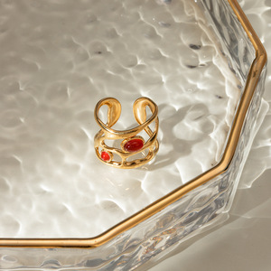 Geometric Red Agate Hollow <b>Open</b> <b>Ring</b> 18K Gold Plated Stainless Steel Unisex Party Jewelry - Product Image 3