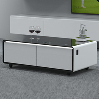 Table basse intelligente avec mini-réfrigérateur intégré, double tiroir de rangement et haut-parleurs pour la charge sans fil