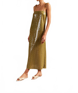 Pistachio Green Sequined Halter Neckline <b>Spaghetti</b> <b>Strap</b> Diamonds Solid Color Casual Washable Midi Dress - Product Image 3