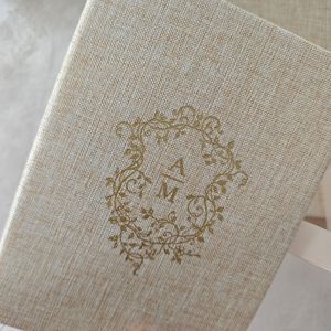 BBL Custom Eco-Friendly Fabric Wrapped Bifold <b>Wedding</b> Invitation Folder in Oatmeal Linen with Gold Foil Borders a Detalles <b>Card</b> - Product Image 6
