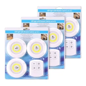 3 packs de rondelles LED COB ultra lumineuses avec télécommande sous la lumière de l'armoire sans fil à piles Tap Push Light