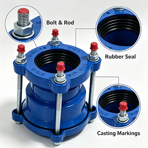 Raccord universel Gibault en fonte ductile GGG50, joint flexible large gamme PN16, acier, PE, PVC, alimentation en eau, époxy bleu - Product Image 2