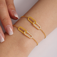 Parure de bijoux pour femme en acier inoxydable plaqué or, collier et bracelet à maillons ovales doubles entrelacés, pavé de zircone cubique, style minimaliste, pour mariage et soirée
