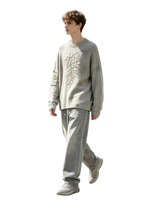 Pull tricoté à capuche épais effet vieilli, délavé vintage, délavé soleil, délavé à l'acide, effet salissures, streetwear, broderie strass, homme
