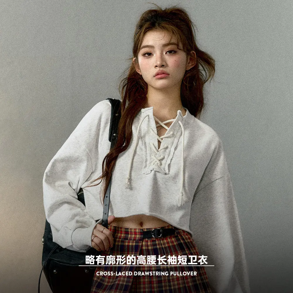 Maden Women's T-Shirt High-Waisted Drawstring V-Neck Hoodie Loose Long Sleeve Women's Sweaters Top Korean Women's Cotton Hoodie