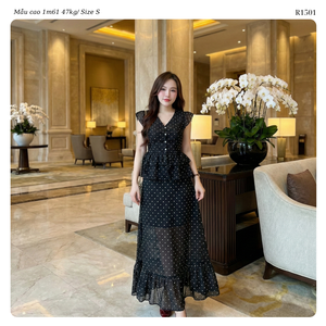 Women’s Polka Dot Chiffon Two Piece Set V Neck Flutter Sleeve Peplum <b>Top</b> Maxi Skirt Co Ord Set OEM ODM Wholesale Vietnam - Product Image 6