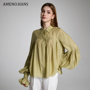 <span class=keywords><strong>AMENO</strong></span> Blouses en mousseline de soie à manches longues de couleur unie à volants pour femmes pour l'été - Product Image 1