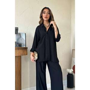 Conjunto de Camisa Negra de Crepé y Pantalones Anchos Alice para Mujer, Atuendo Casual de Manga Larga, Transpirable y a la Moda - Product Image 3