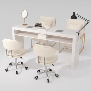 Table de manucure en bois double place entièrement blanche, moderne et luxueuse, tables à ongles prothétiques avec lampe et collecteur de poussière - Product Image 4