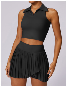Kaos Santai Olahraga Luar Ruangan Rok Lipit Yoga Set Tenis Pakaian Olahraga Wanita Bahan Bernapas Anti Guncangan Lari Spandex/Nilon - Product Image 2