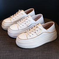 Baskets compensées épaisses pour femme, en cuir véritable, à lacets et surpiqûres contrastées, style décontracté, à porter de deux façons, blanches