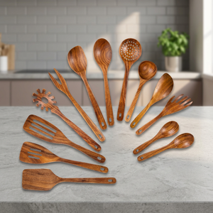 Ensemble d'ustensiles de cuisine en bois, 10 pièces, cuillères, spatules, fourchettes en bois d'acacia, sans danger pour les aliments, lavage à la main uniquement - Product Image 2