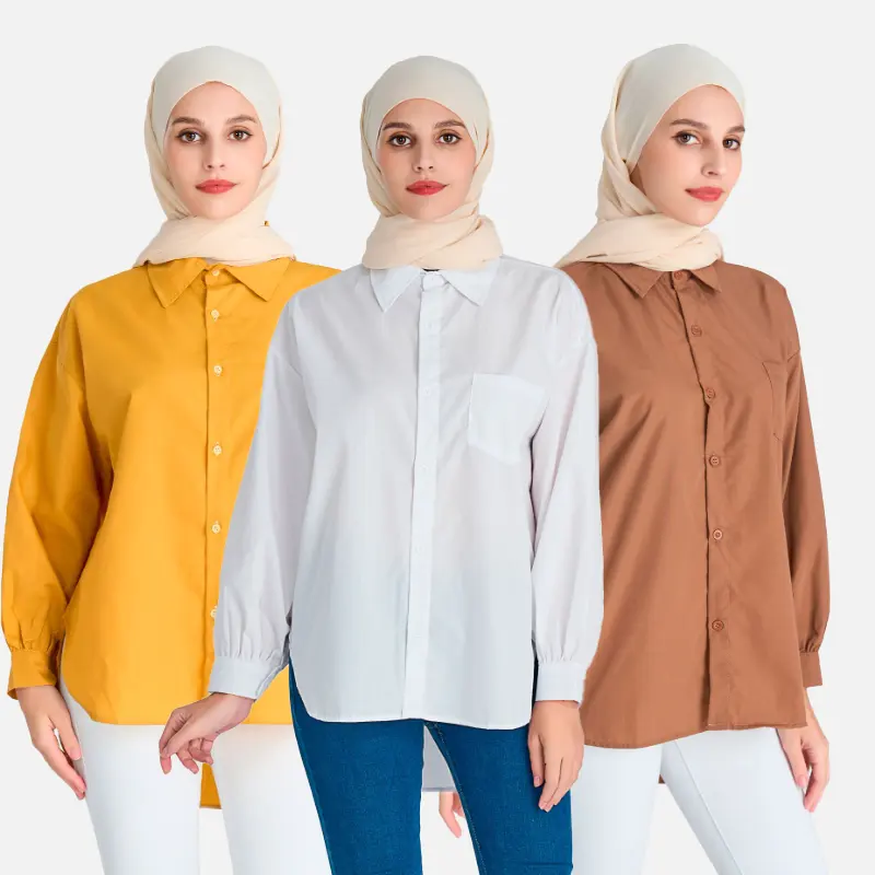 Grosir pakaian wanita Muslim Dubai 25 warna atasan tunik Abaya blus Muslim kemeja poliester katun sederhana kasual lengan panjang