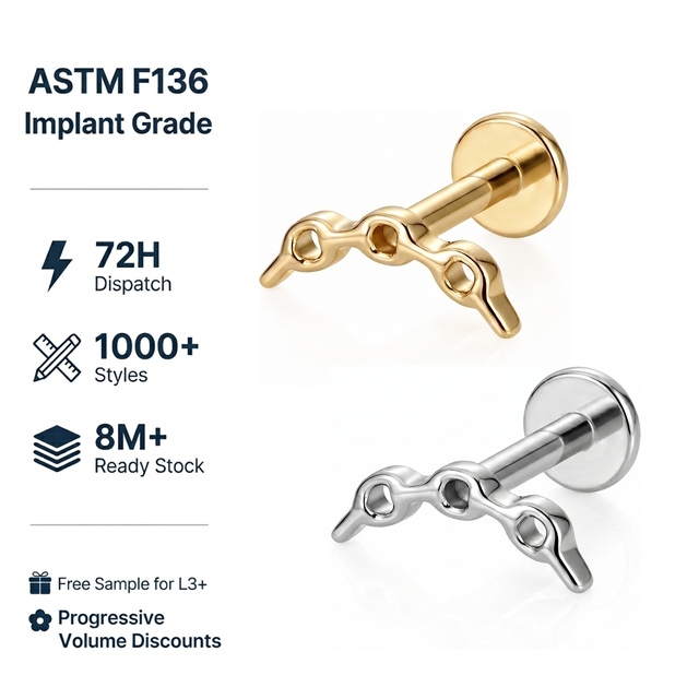 JIAXIN ASTM F136 Implant Grade Titanium Zircon 18K Gold Plated Internally Threaded Labret Helix Tragus Lip Earrings Wedding Body