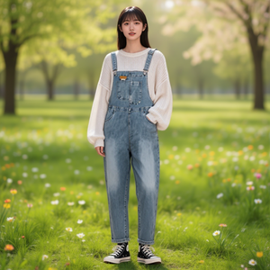 N067 Salopette in denim da donna a vita media, vestibilità ampia, in cotone lavato, stile casual primaverile con tasche - Product Image 2