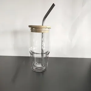2024 double wall glass tumbler with bamboo lid wide handle for milk juice water drinking