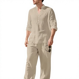 Ensemble 2 pièces décontracté homme en coton et lin, col montant, demi-ouvert, coupe ample, respirant, haut à manches longues et pantalon long, idéal été - Product Image 3