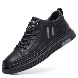 Baskets décontractées noires en cuir pour hommes, à bout rond, à lacets, style sportif, avec doublure en maille respirante et semelle extérieure en caoutchouc, chaussures épaisses de printemps - Product Image 5