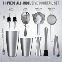 Ensemble de bar en acier inoxydable, shaker à cocktails Boston, kit de barman 11 pièces avec accessoires, ensemble d'outils de bar