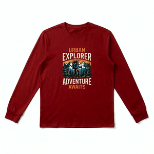Urban Explorer Adventure Awaits Long Sleeve T-<b>Shirt</b> Men's Casual Red Cotton Print Front Logo Spring Style - Product Image 1