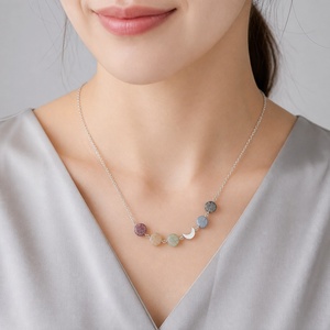 Collar de Plata de Ley 925 con Piedras Preciosas Naturales, Cuentas Redondas de Colores con Dije de Luna, Joyería Boho Celestial con Cadena Delicada - Product Image 3