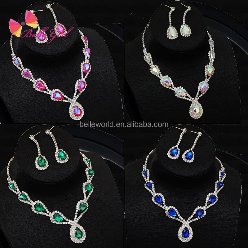 BELLEWORLD Red blue green AB colors jewelry decoration fine jewelry sets fashion necklaces necklace and earrings set for women