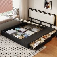 Lit flottant moderne nordique confortable et peu encombrant avec tête de lit LED ondulée, revêtement en cuir véritable et cadre de lit avec rangement