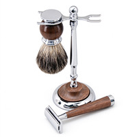 Ensemble de rasage ZY 3 pièces, rasoir de sécurité à double tranchant, lames en acier inoxydable à lame unique, brosse à raser en poils de blaireau, manche en bois de noyer
