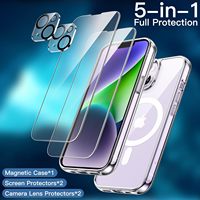 Coque de téléphone magnétique 5 en 1 avec 2 protecteurs d'écran Film de verre trempé 2 protecteurs d'objectif de caméra pour iPhone 16 16 Plus 16 Pro Max