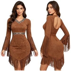 <b>Cowgirl</b> Western Dance <b>Dress</b> Women Faux Suede Fringe Line Dance Costume V Neck Embroidered Bodycon Mini <b>Dress</b> Back Keyhole - Product Image 1