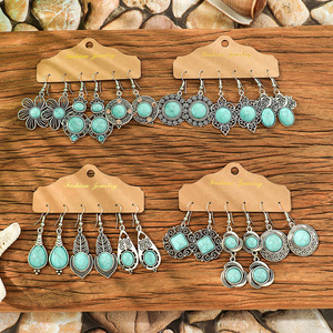 Pendientes Colgantes de Aleación de Bisutería de Moda, Chapados en Plata Antigua con Turquesa Engastada, Estilo Bohemia para Mujer - Product Image 1