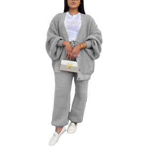 Conjunto de Dos Piezas de Moda para Mujer, Cárdigan Informal Holgado con Cuello en V y Suéter de Color Sólido - Product Image 3