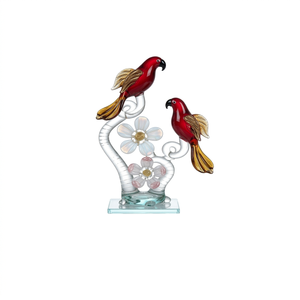 Décoration florale artisanale en verre en forme de perroquet, oiseaux rouges à tige torsadée avec fleurs bleues et roses, pièce décorative de table pour la maison - Product Image 3