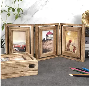 4x6 Picture Frame Rustic Wood Hinged Folding Triple Picture Frames Collage Double-Sided Display Rotatable Photo Frame