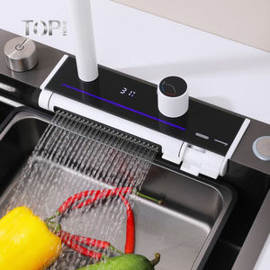 Robinet de cuisine moderne blanc effet cascade, monocommande, raccords flexibles, durable, douchette extractible rotative à jet pluie, finition brossée - Product Image 5