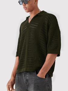 Polo en maille crochetée rouge pour homme, chemise décontractée à manches courtes et col en V ajouré, hauts noirs pour homme, vente en gros - Product Image 3