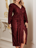 Robe de soirée moulante à sequins, col en V profond et manches longues, pour femmes européennes grandes tailles, idéale comme tenue de demoiselle d'honneur.