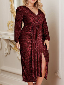 Robe de soirée moulante à sequins, col en V profond et manches longues, pour femmes européennes grandes tailles, idéale comme tenue de demoiselle d'honneur. - Product Image 4