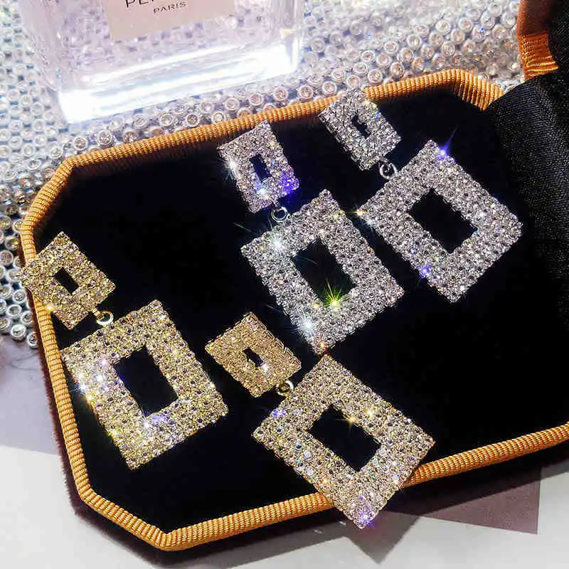 Luxury Shining Crystal Drop Earrings Gold Silver Color Square Rhinestone Dangle Earrings for Women Wedding Party Jewelry