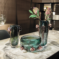 Vase en verre artistique moderne et romantique avec fleur de rose rose fondue à la main, centre de table décoratif pour villa, décoration de maison de luxe