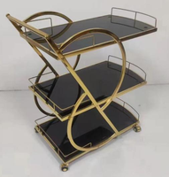 Chariot de service buffet 3 niveaux en verre trempé transparent noir et acier inoxydable avec roulettes, capacité 10L, multi-usages