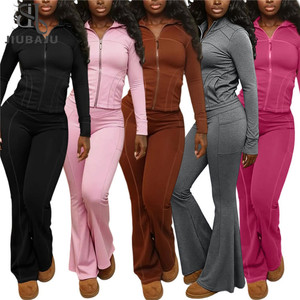 Lässiges 2-Teiliges Set für Damen Outfits Einfarbig Langarm Gestreiftes Patchwork Crop Top und Hose Damen Streetwear - Product Image 1