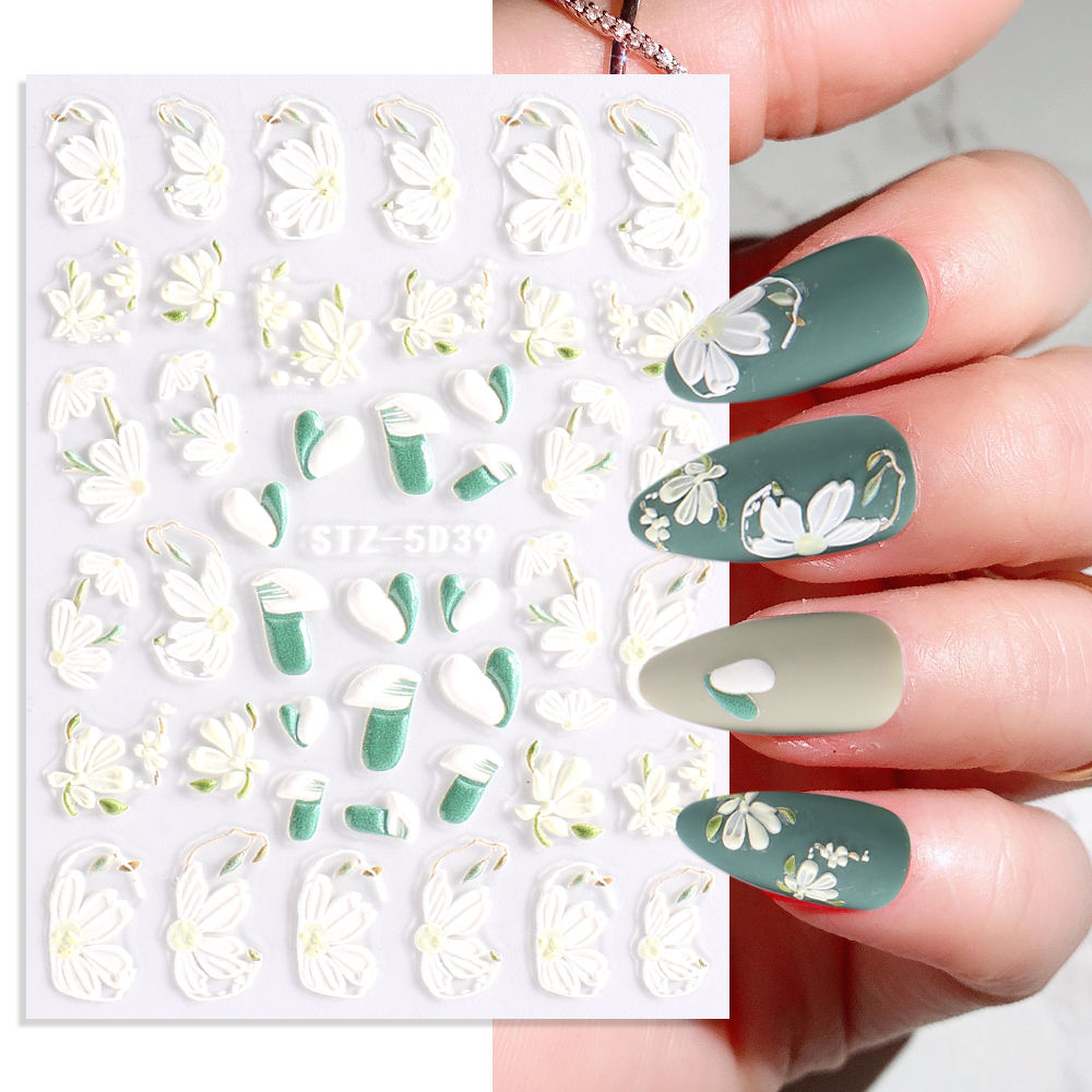 New Fashion Low Price Customization Green White Nail Art Engraved Self-adhesive Spring Rose Pattern Nail Art Stickers 