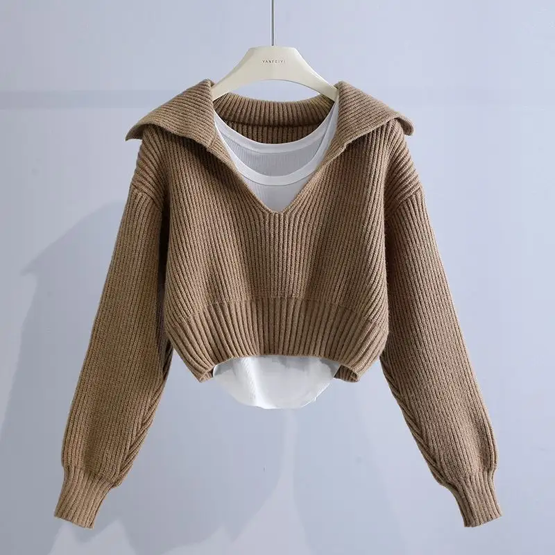 Jersey de punto con cuello de marinero coreano, Jersey corto de color sólido que combina con todo, suéter de diseño de nuevo estilo para mujer